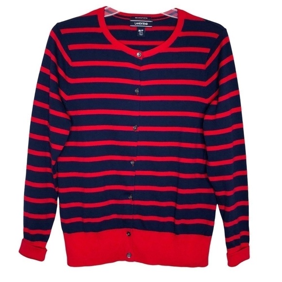 New - LANDS’ END 100% Supima Cotton Red & Blue Striped Button Front Cardigan MP - Picture 1 of 8